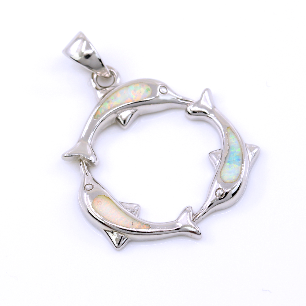 Playful Dolphins Pendant with White Opal, 925 rhodium-plated silver, 27mm