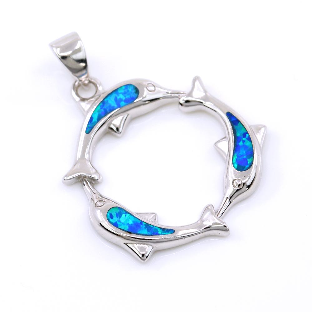 Playful Dolphins Pendant with Blue Opal, silver 925 rhodium plated, 16.5mm