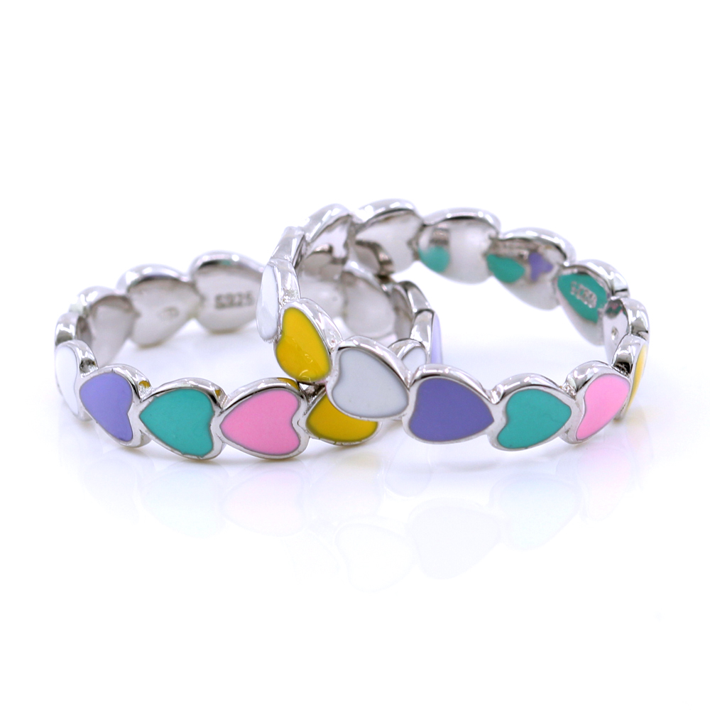 Ring (53) in 925 rhodium plated silver with multicolored enamel hearts