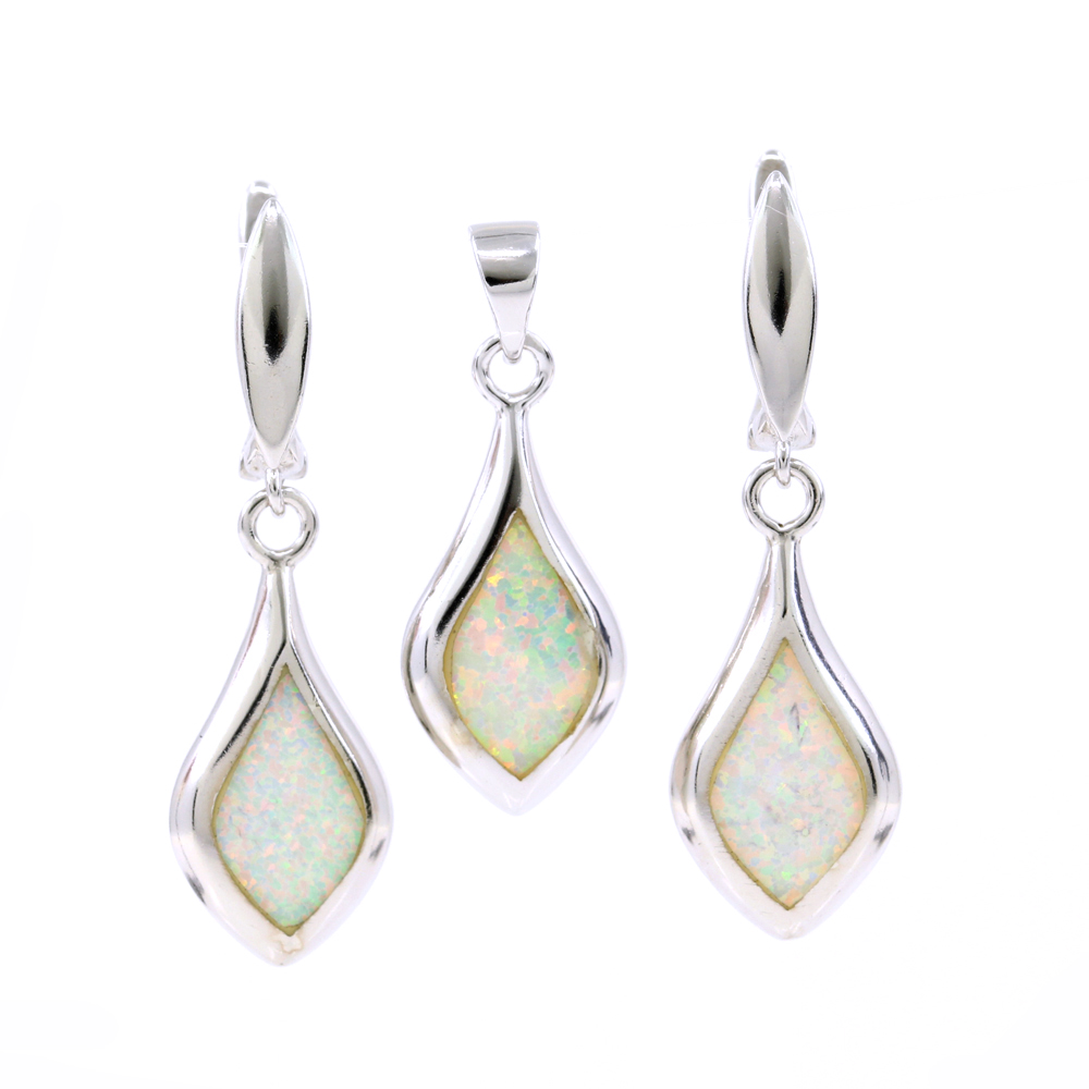 Set Lacrima White Opal, earrings, pendant, 925 rhodium plated silver