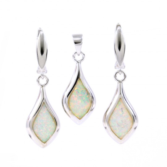 Set Lacrima White Opal, earrings, pendant, 925 rhodium plated silver