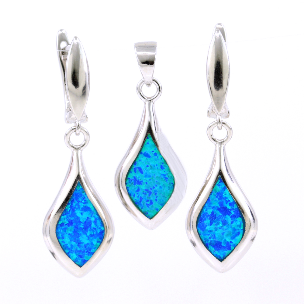 Set Lacrima Blue Opal, earrings, pendant, 925 rhodium plated silver