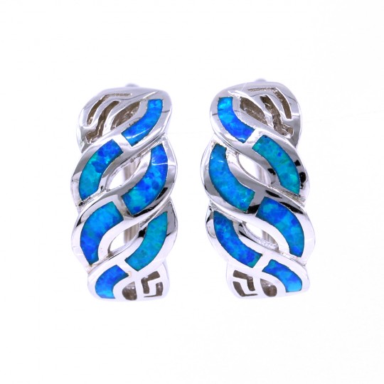 Twist Earrings with Blue Opal, 925 Rhodium Plated Silver, 19mm