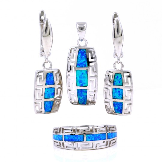 Blue Opal Trio Set, Earrings, Ring, Pendant, 925 Rhodium Plated Silver