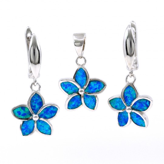 Blue Opal Flower Set, Earrings, Pendant, 925 Rhodium Plated Silver