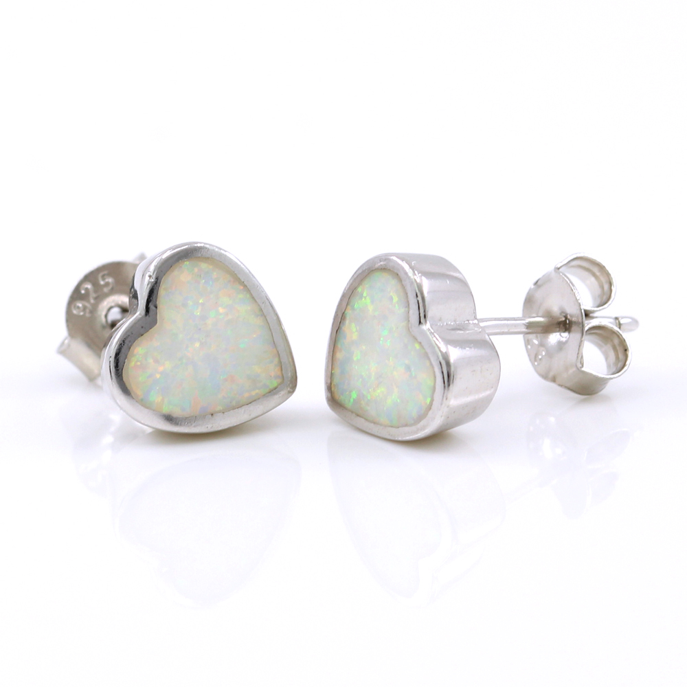 Heart Earrings with White Opal in 925 Rhodium Plated Silver, 9mm