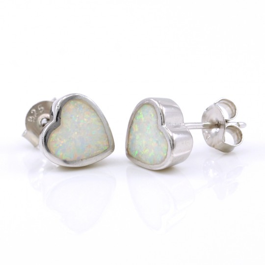 Heart Earrings with White Opal in 925 Rhodium Plated Silver, 9mm