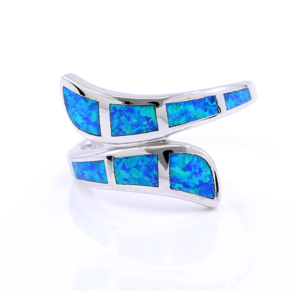 Twins Ring (58) with Blue Opal in 925 silver rhodium plated