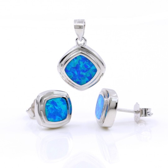 Square Blue Opal Set, earrings, pendant, 925 silver rhodium plated, 9mm