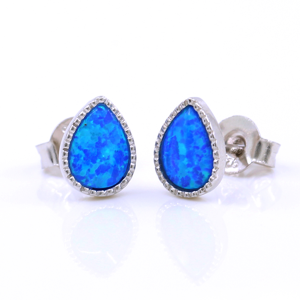 Drop Earrings with Blue Opal, silver 925 rhodium plated, 9mm