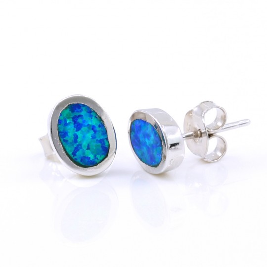 Oval Earrings with Blue Opal, 925 rhodium plated silver, 9mm