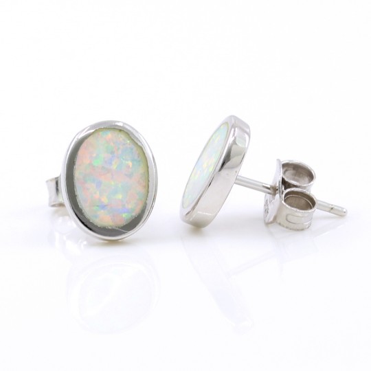 Oval Earrings with White Opal, 925 rhodium plated silver, 9mm