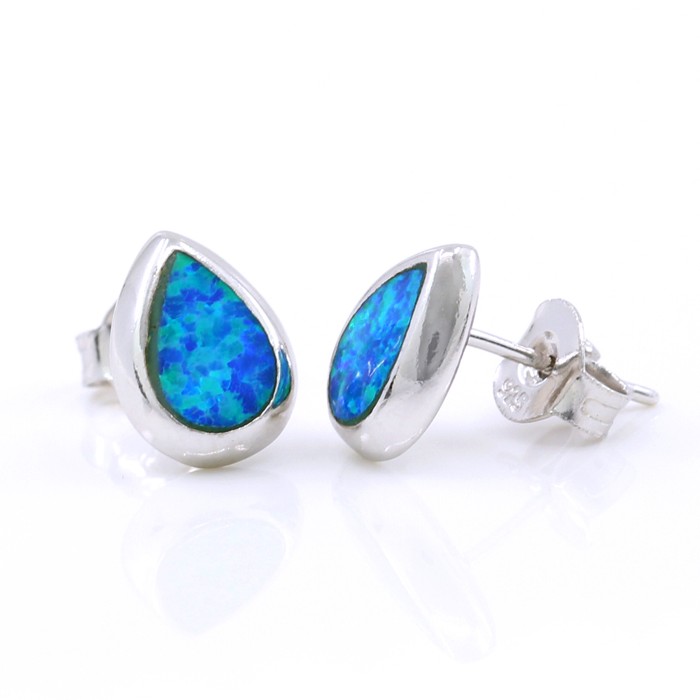 Drop Earrings with Blue Opal, 925 rhodium plated silver, 10mm