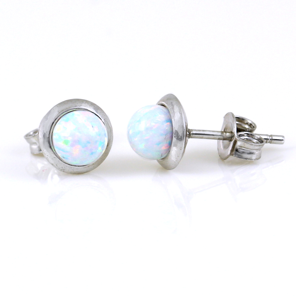 Sphere Earrings with White Opal, 925 rhodium plated silver, 7mm