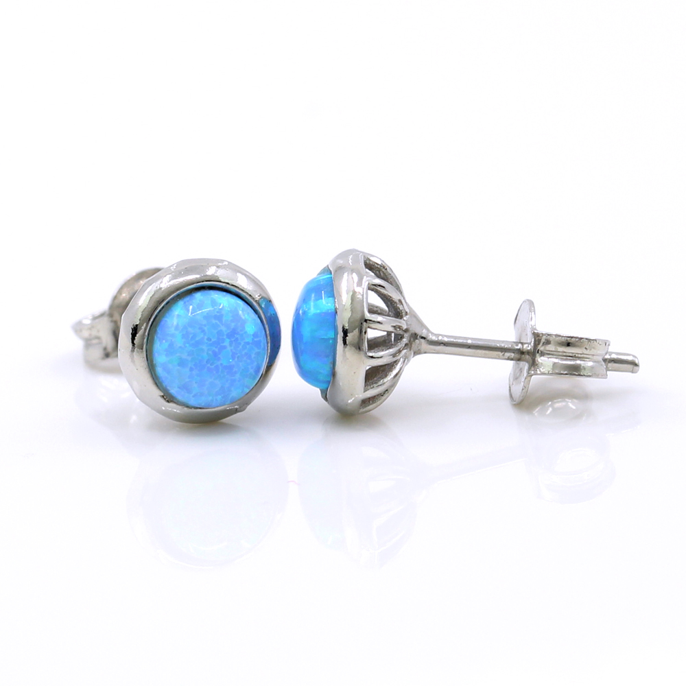 Round Earrings with Azure Opal, 925 rhodium plated silver, 7mm