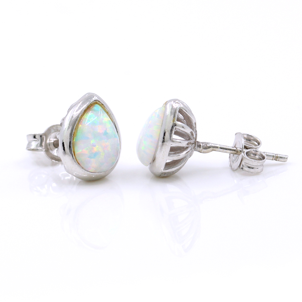 Drop Earrings with White Opal, 925 rhodium plated silver, 10mm