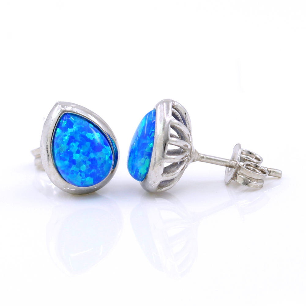 Drop Earrings with Blue Opal, 925 rhodium plated silver, 10mm