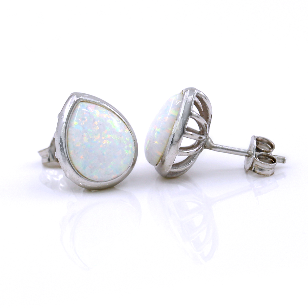 Drop Earrings with White Opal, 925 rhodium plated silver, 12mm