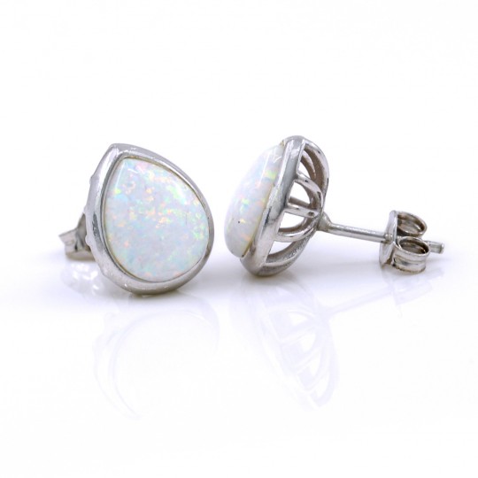 Drop Earrings with White Opal, 925 rhodium plated silver, 12mm