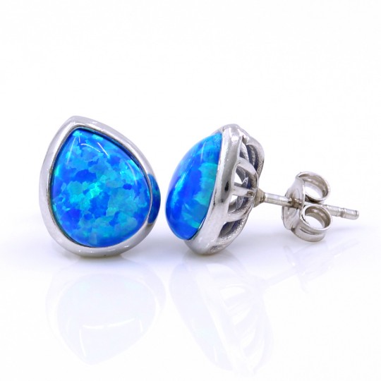 Drop Earrings with Blue Opal, 925 Rhodium Plated Silver, 12mm