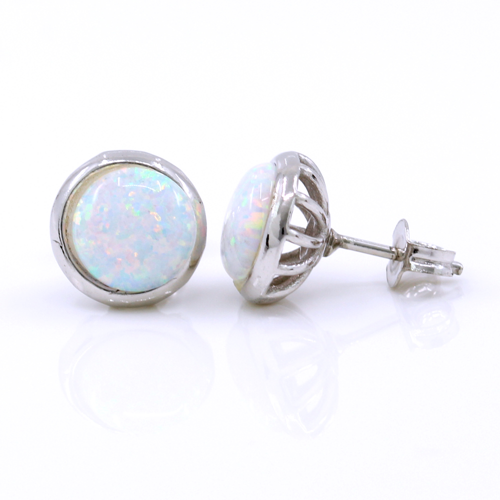 Round Earrings with White Opal, 925 Rhodium Plated Silver, 10mm