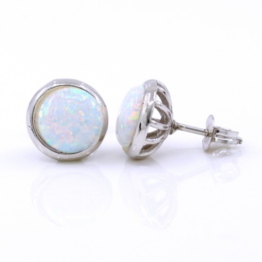 Round Earrings with White Opal, 925 Rhodium Plated Silver, 10mm