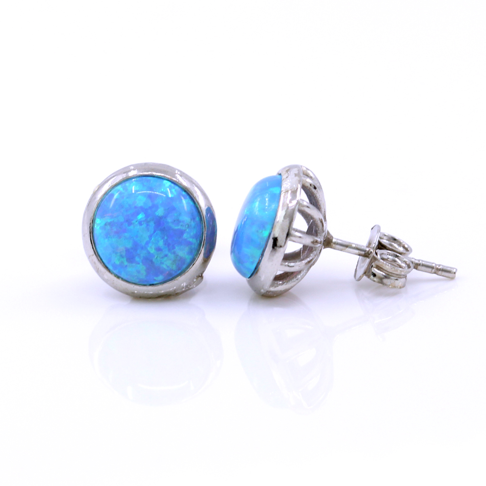 Round Earrings with Azure Opal, 925 Rhodium Plated Silver, 10mm