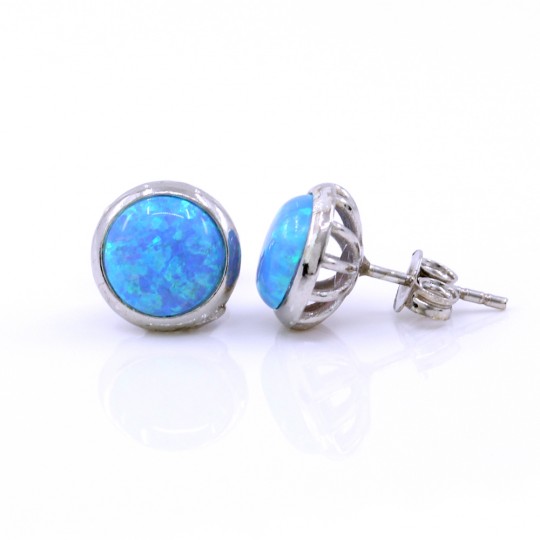 Round Earrings with Azure Opal, 925 Rhodium Plated Silver, 10mm