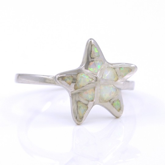 Starfish Ring (57) with White Opal in 925 Silver rhodium plated