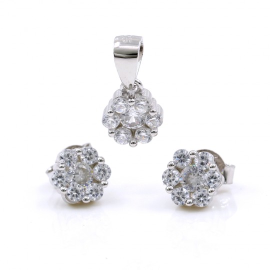 Floricica set, pendant and earrings with crystals in 925 rhodium-plated silver