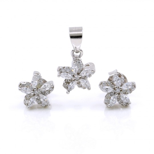 Flower set, pendant and earrings with crystals in 925 rhodium-plated silver