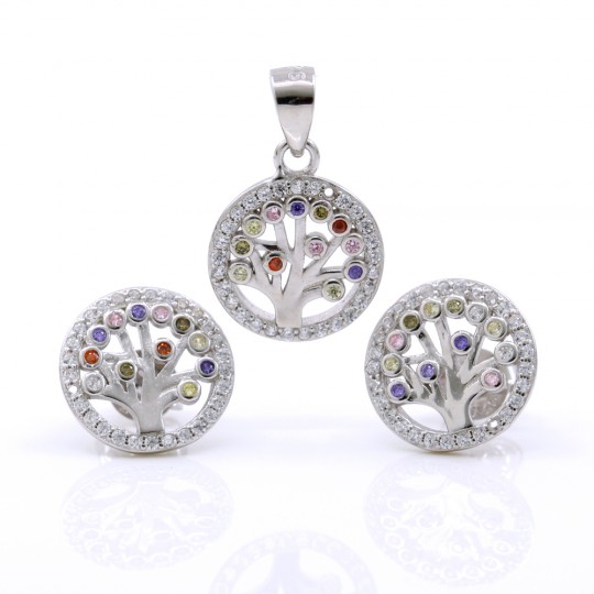 Tree of life set, pendant and earrings with crystals in 925 rhodium-plated silver