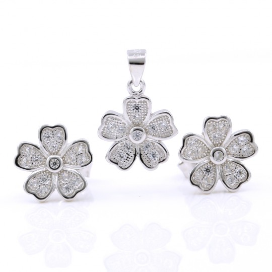 Daisies set, pendant and earrings with crystals in 925 rhodium-plated silver