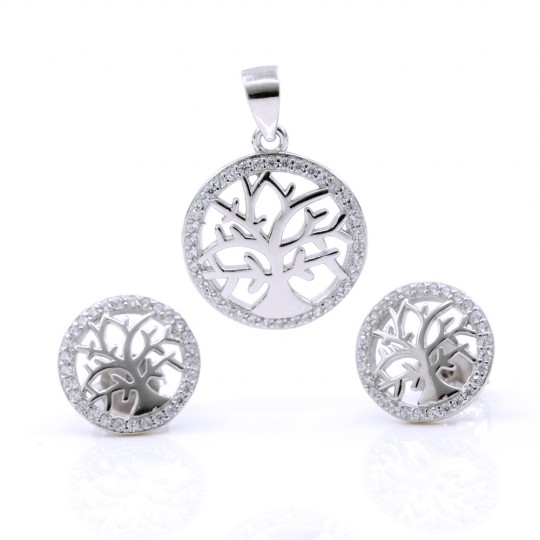 Set Tree of Life, pendant and earrings with crystals, 925 silver, rhodium-plated