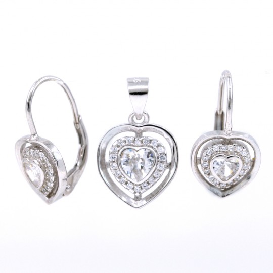 Set Heart, pendant and earrings with crystals, 925 silver, rhodium-plated