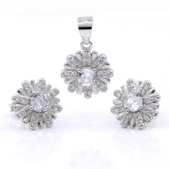 Set Daisy, pendant and earrings with crystals, 925 silver, rhodium-plated