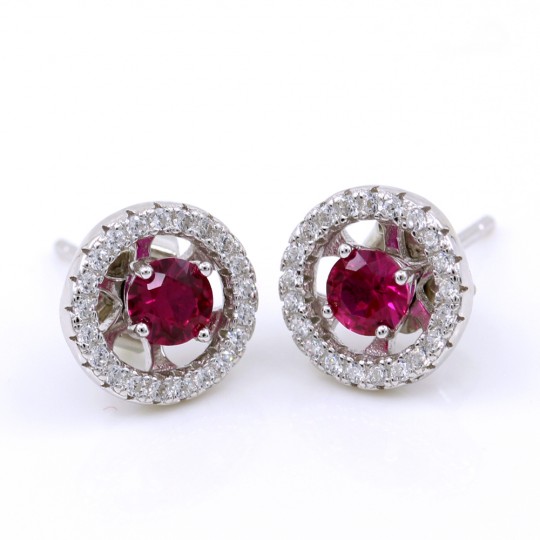 Round 2 in 1 earrings with zirconia crystals, 925 silver, rhodium-plated, fuchsia