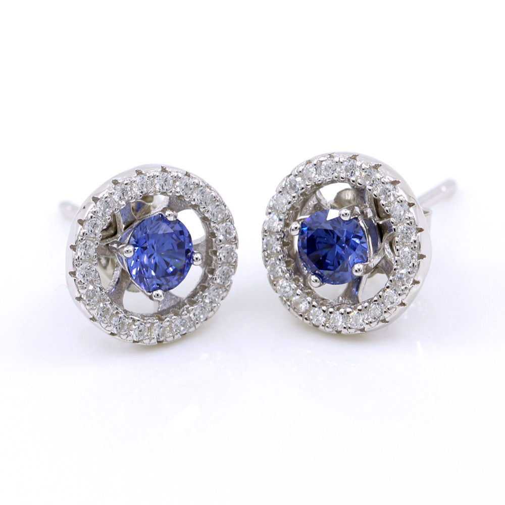 Round 2 in 1 earrings with zirconia crystals, 925 silver, rhodium-plated, sapphire blue