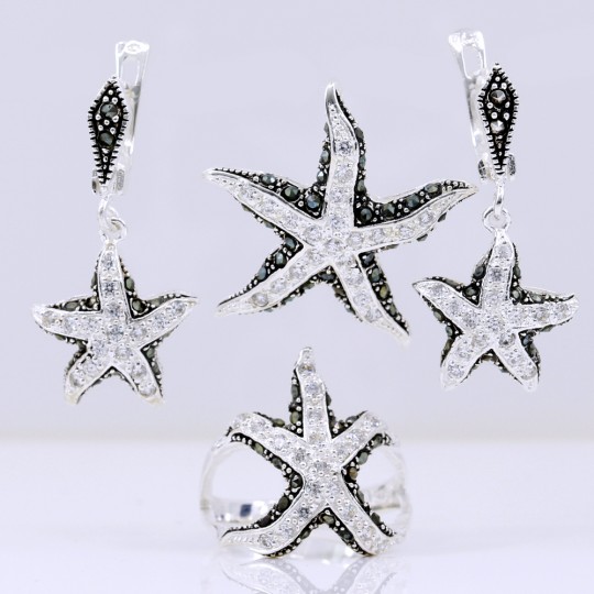 Starfish Set with Marcasite, Earrings, Ring (58), Pendant, 925 Silver