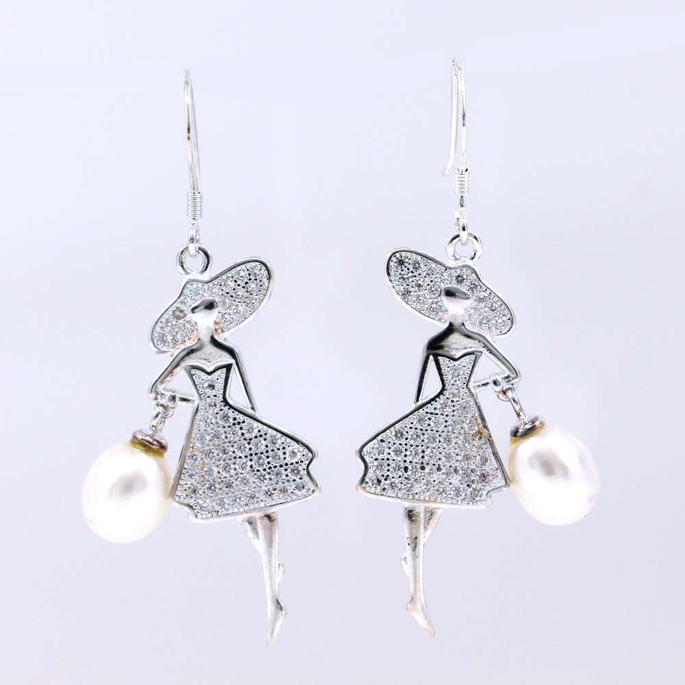 Ballerina Earrings with Cultured Pearl and Crystals, 925 Silver