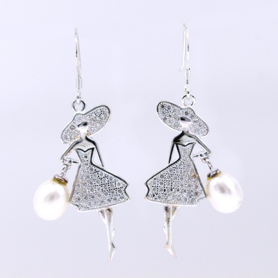 Ballerina Earrings with Cultured Pearl and Crystals, 925 Silver