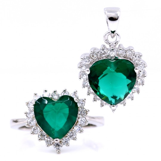 Set Inima, earrings, ring (58), 925 rhodium-plated silver, emerald green