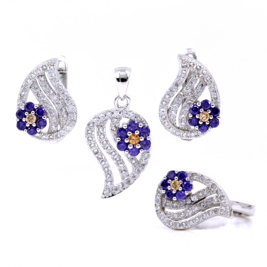 Set with flower drop, earrings, ring (57), pendant, rhodium-plated 925 silver, purple amethyst