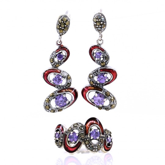 Set with enamel and marcasite, earrings, ring (57), rhodium-plated 925 silver