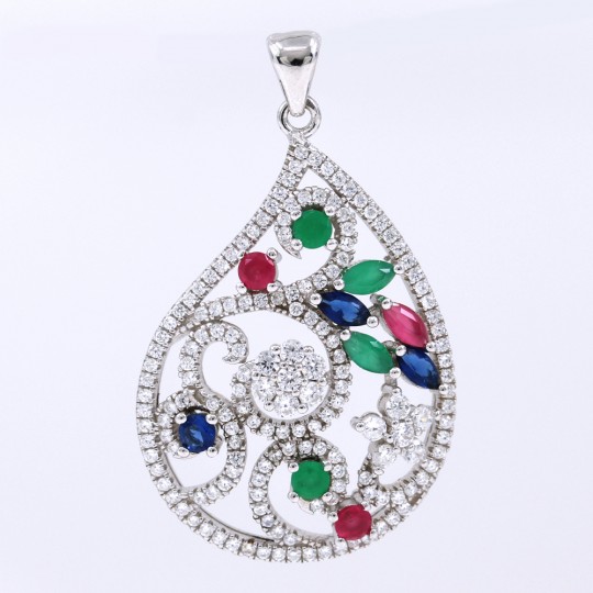 Drop pendant with rubies, emeralds, sapphires and crystals, 925 rhodium-plated silver, 37mm