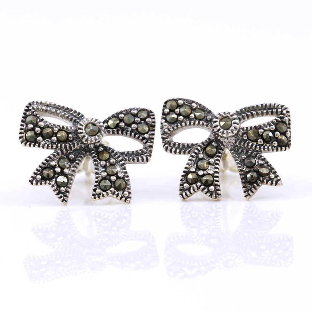 Bow earrings with marcasite, 925 silver, 12mm