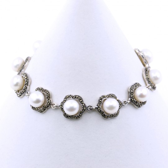 Bracelet with cultured pearl and marcasite made of 925 silver, 20cm