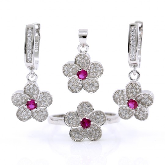 Flower set, earrings, ring (58), pendant, 925 rhodium plated silver