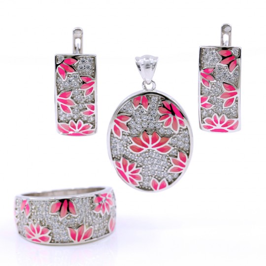 Amazing Pink set earrings, ring (56), pendant, 925 rhodium plated silver