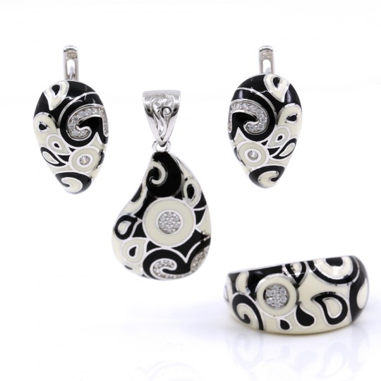 Set Fancy drop earrings, ring (56), pendant, 925 rhodium-plated silver